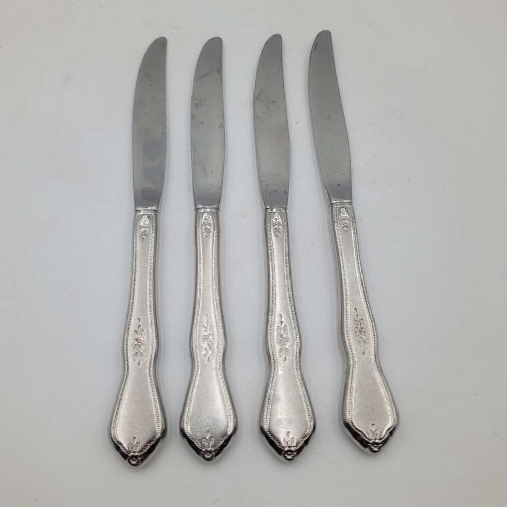 4pc Oneida Morning Blossom Stainless Steel Dinner Knives Floral 9 inch - Picture 2 of 4